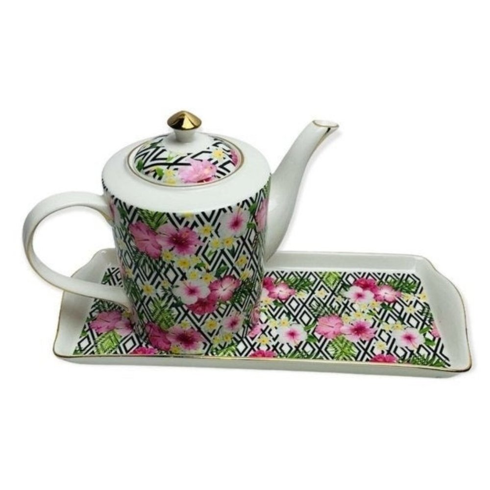 Grace Fine Porcelain Teapot And Rectangle Tray Pansy Chevron Design Floral